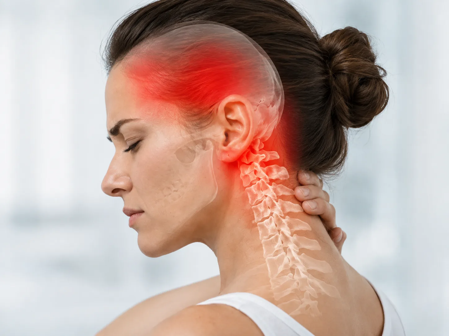 Illustration of cervicogenic head and neck pain radiating from the upper cervical spine
