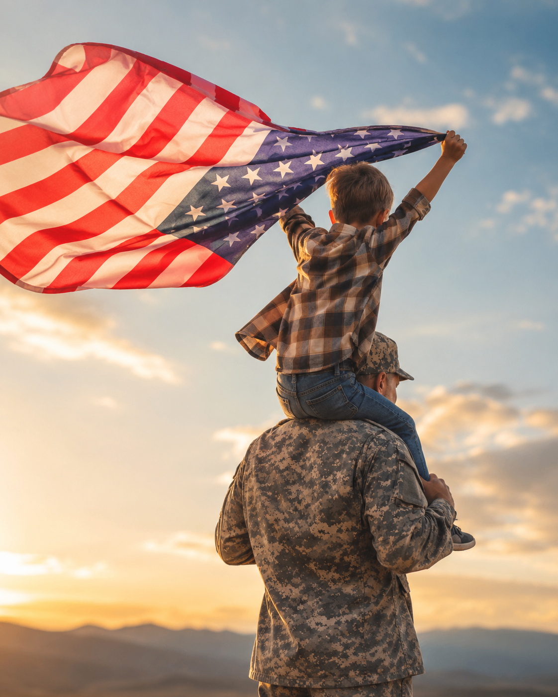 Veteran parent smiling with child outdoors