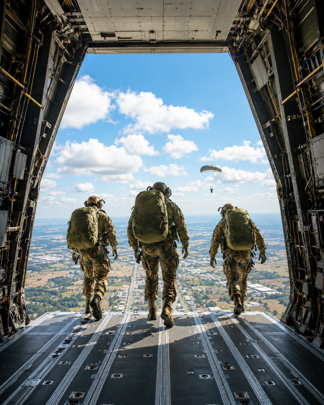 Paratroopers walking down the open cargo ramp of an aircraft in flight